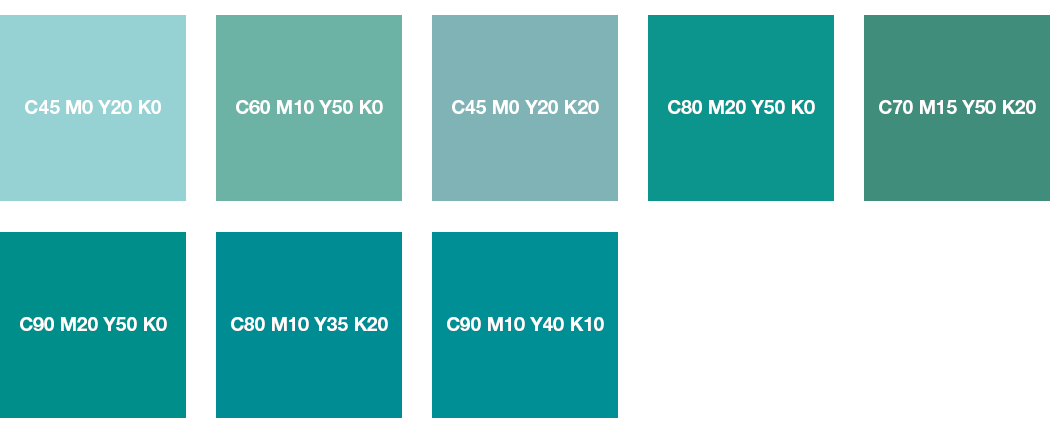 CMYK colours: mint turquoise, pastel turquoise and turquoise