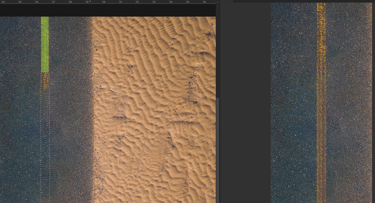 Therefore open the Content aware fill tool again. Make sure Photoshop only uses the remaining strip of road marking at the top as a source