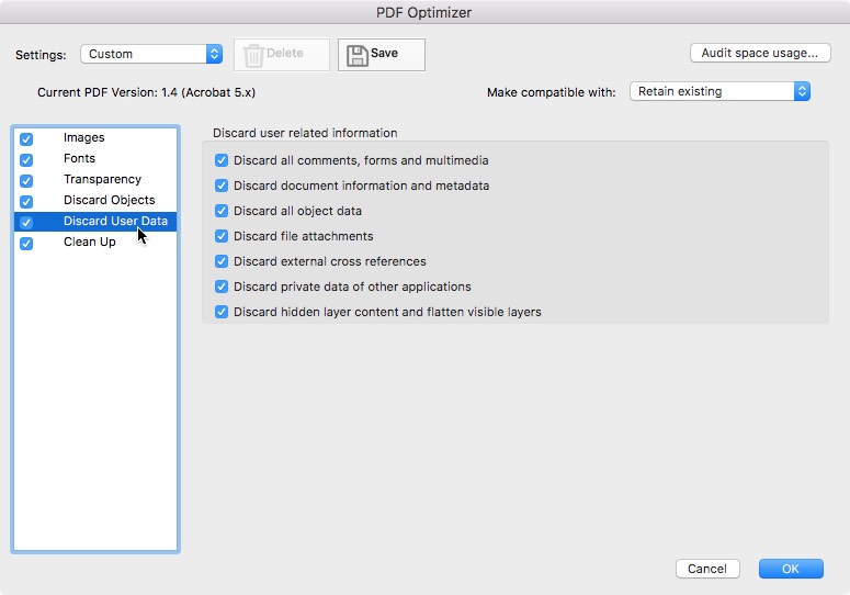 Discard user data menu of the pdf optimizer